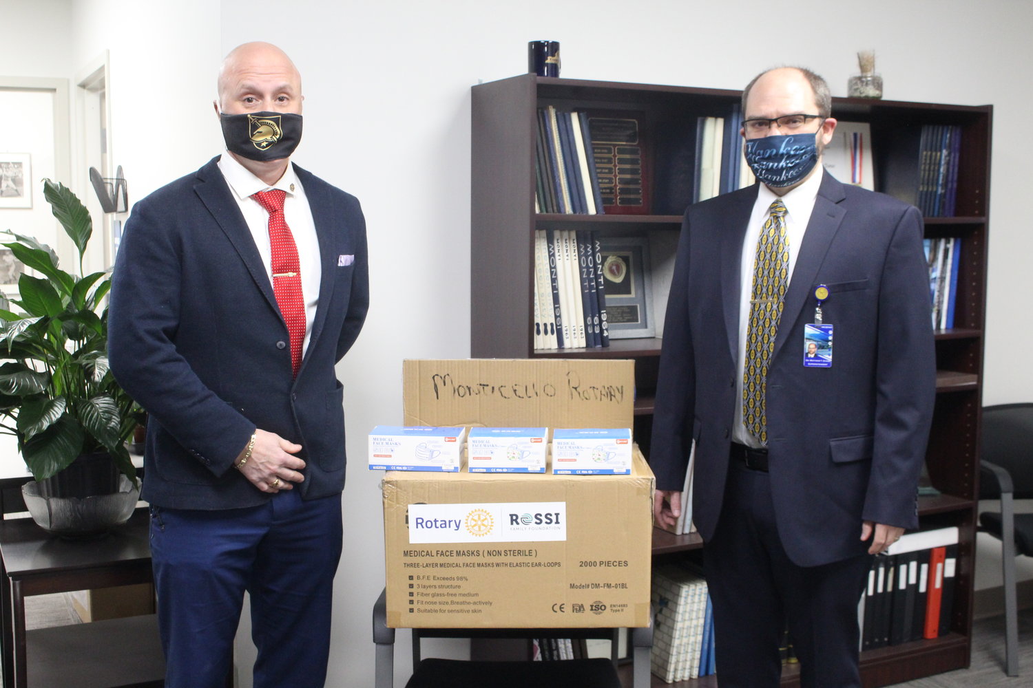 Monticello Board of Education Trustee Todd Grodin, left, delivered nearly 1,000 masks to the Monticello Central School District. Here, Mr. Grodin poses with Superintendent of Schools Dr. Matthew Evans.